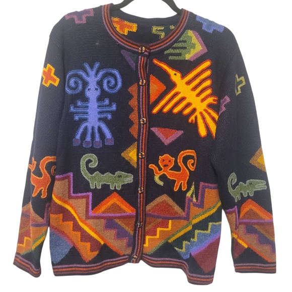Vintage Southwestern Folk Art Knit Cardigan Animal Motif Button Up Sweater - Picture 3 of 12